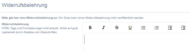 Eingabebereich f&uuml;r die Widerrufsbelehrung bei kasuwa