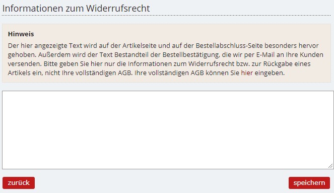 Eingabereich f&uuml;r die Widerrufsbelehrung bei Booklooker