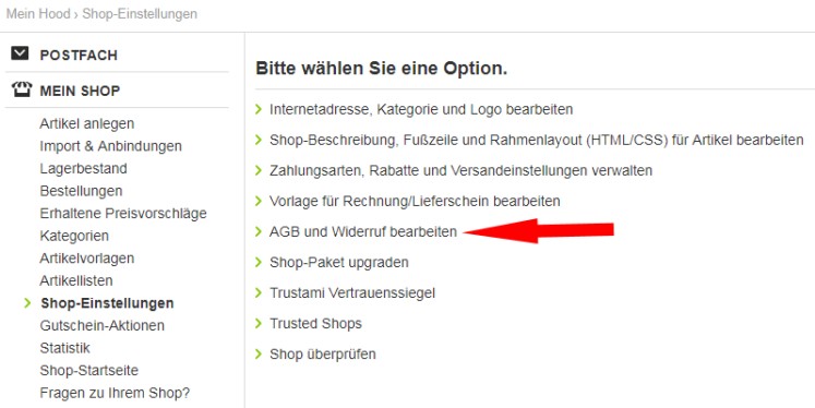 Hood Shopeinstellungen - AGB und Widerruf bearbeiten