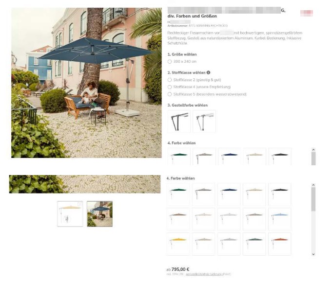 Produktseite - T&auml;uschung &uuml;ber Lieferumfang