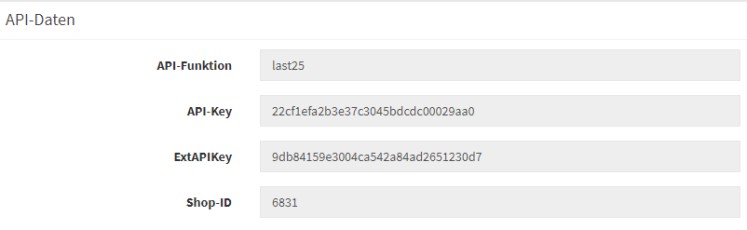ShopVote Eingabereich f&uuml;r die API-Daten