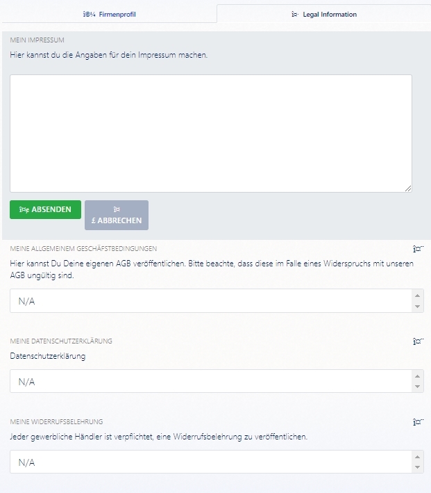 &Uuml;bersicht der Eingabebereiche f&uuml;r die Rechtstexe im cardmarket Firmenprofil